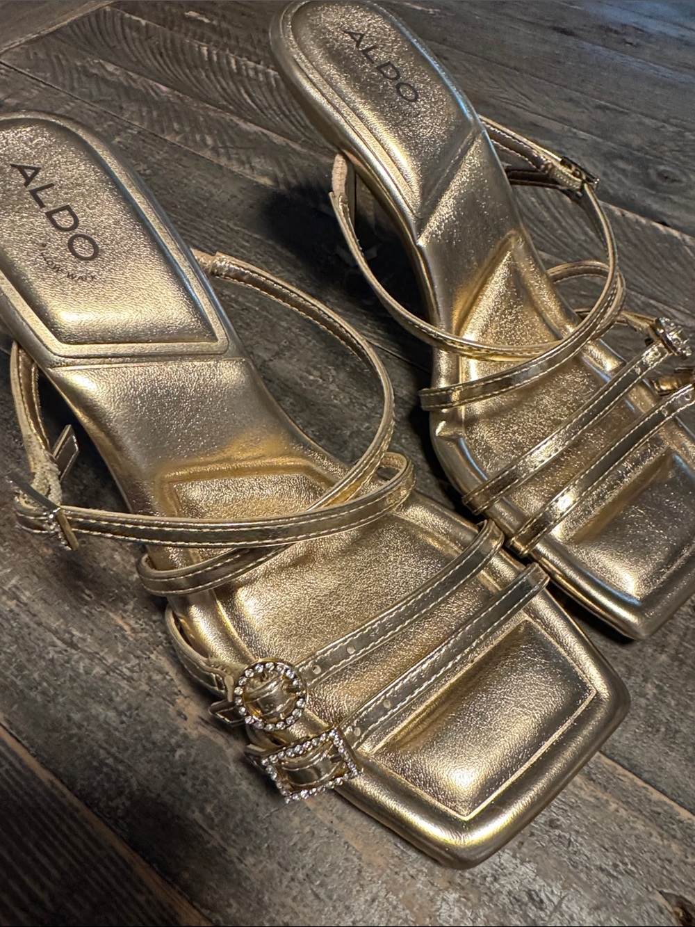 Aldo | Metallic Gold Strappy Square-Toe Heels